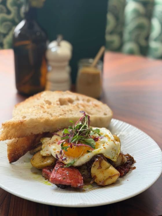 Whilst the Royals are still with us. Potato Hash with caramelised onions, chorizo and a fried egg,